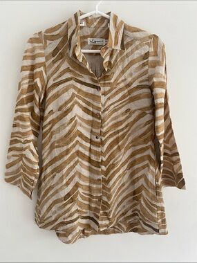 iLinen Classic Button Down Shirt Natural Zebra Size XS